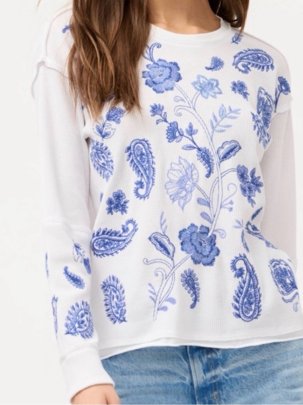 JW White & Blue Floral Embroidered Long-Sleeve Waffle Knit Top